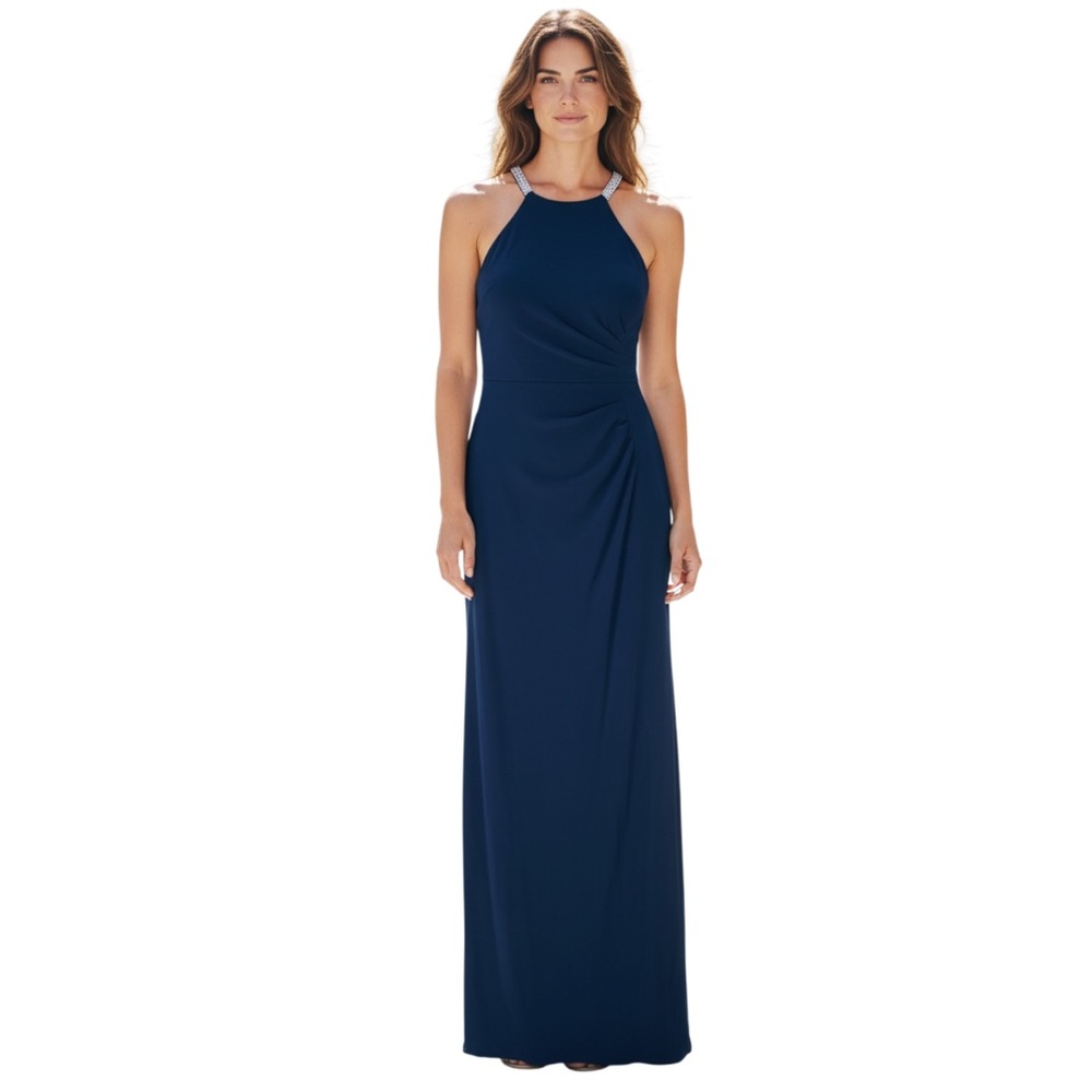 Betsy & Adam Long Halter Neck Sleeveless Gown Rhinestone Straps, Navy Blue, Sz 8